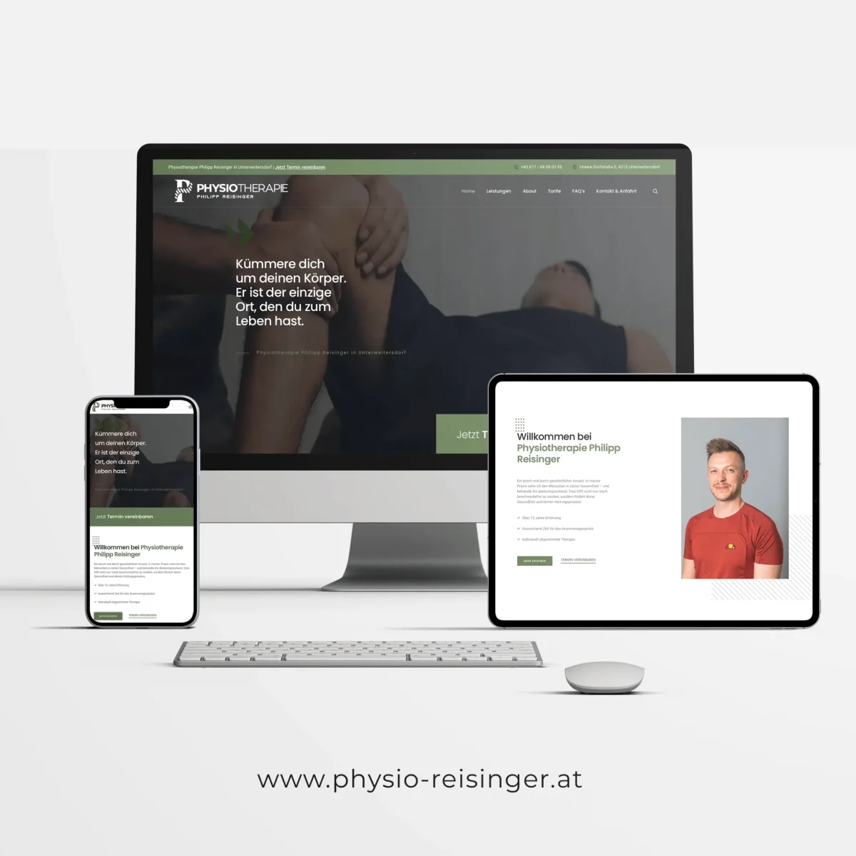 Responsive Website-Design für Physiotherapie Philipp Reisinger mit Logo und Text.