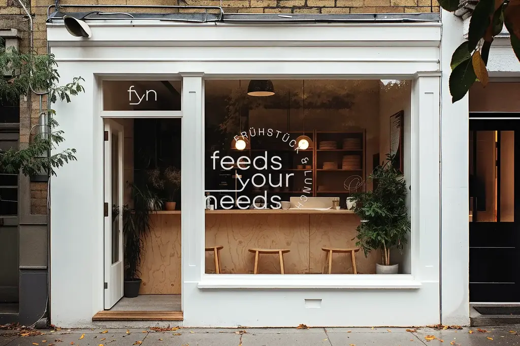 fyn café storefront branding mockup with logo and window lettering